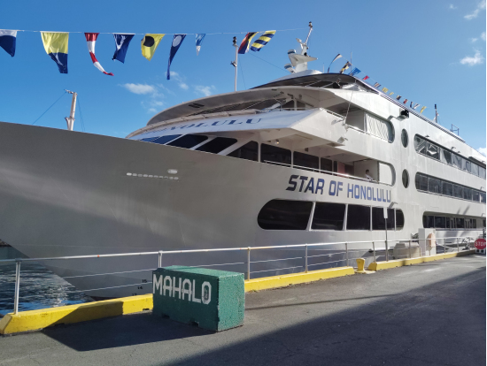 乗船する船です。横を歩いて船尾からの乗船