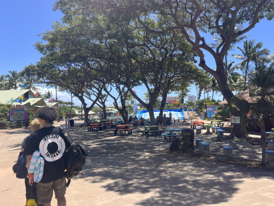 食事の為のベンチ 但し、売店はここだけで注文から受け取りまで50分くらい掛かった。